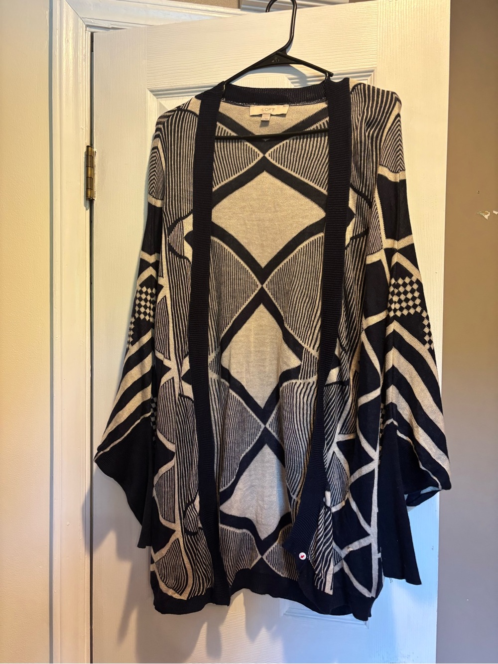 LOFT by Ann Taylor Geometric Open Front Cardigan Sweater Navy Cream Medium